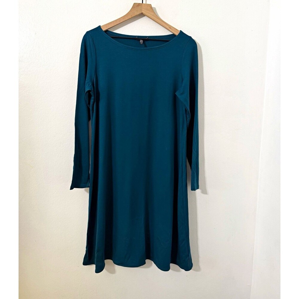 Eileen Fisher Pullover Jersey Dress Teal Blue-Green Long Sleeve Stretch Med